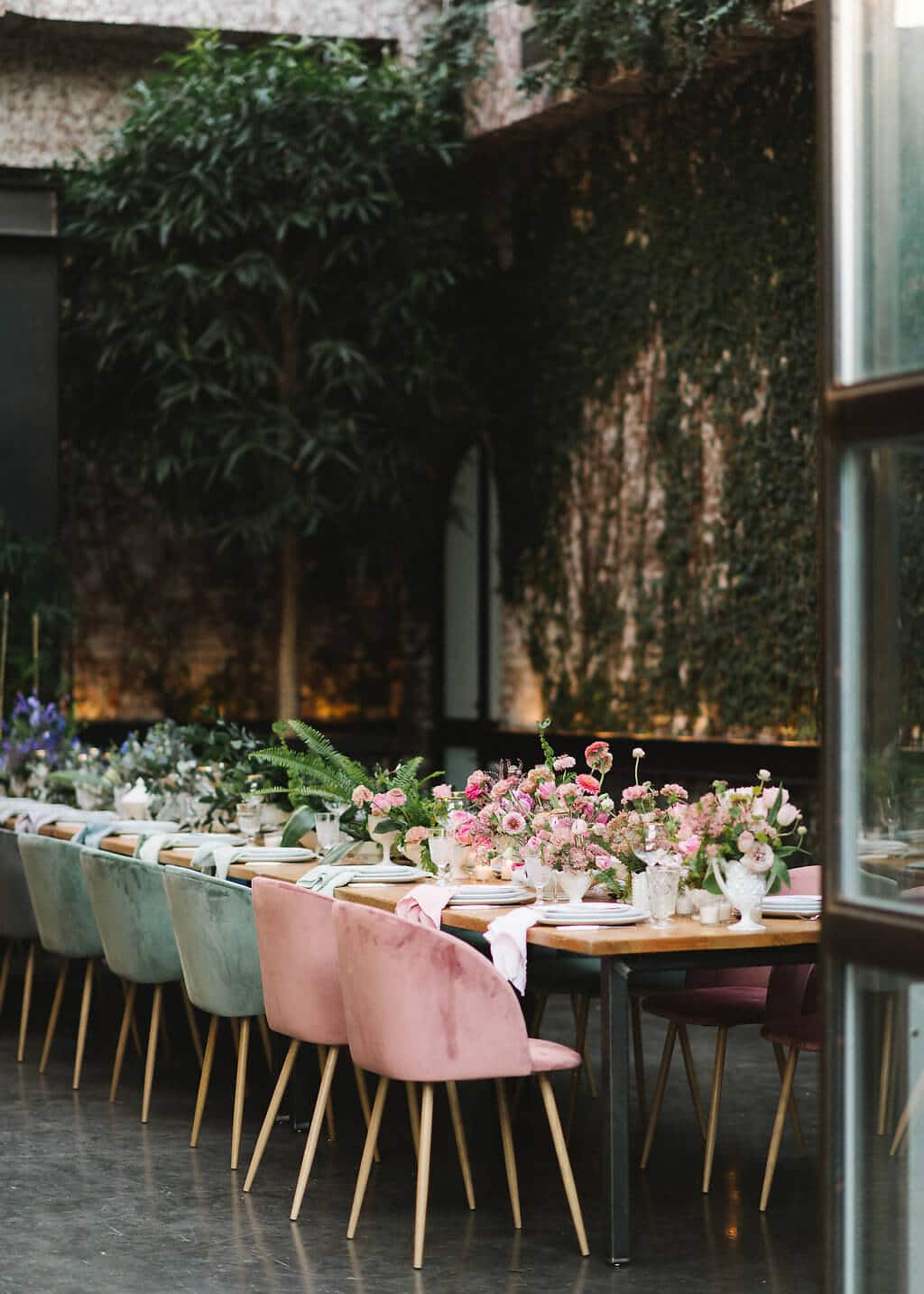 A unique and lushly designed tablescape for a dinner party at The Foundry in New York City.